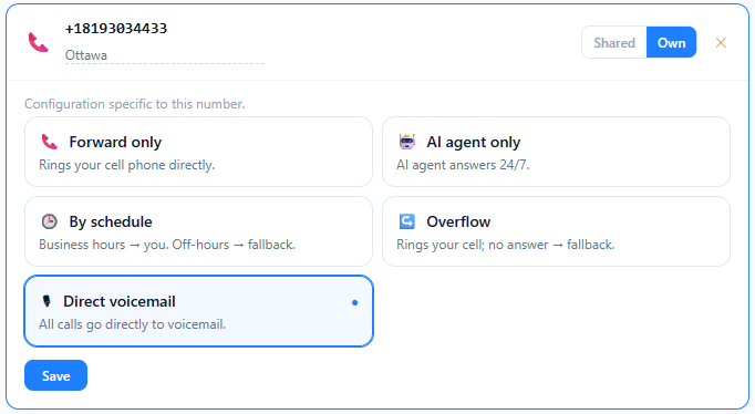 Call routing options — forward, AI agent, schedule, overflow, voicemail
